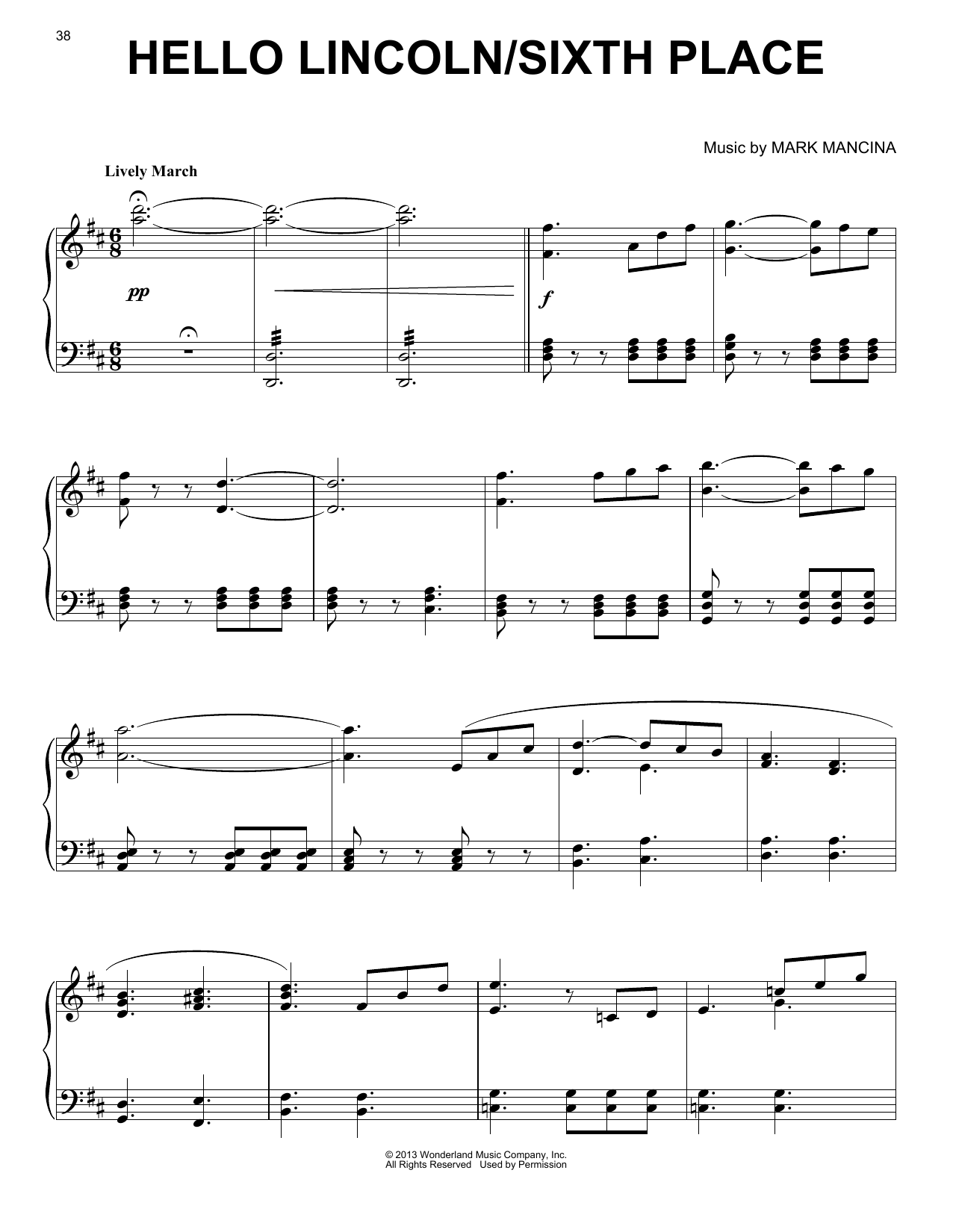 Mark Mancina Hello Lincoln / Sixth Place sheet music notes and chords arranged for Piano Solo