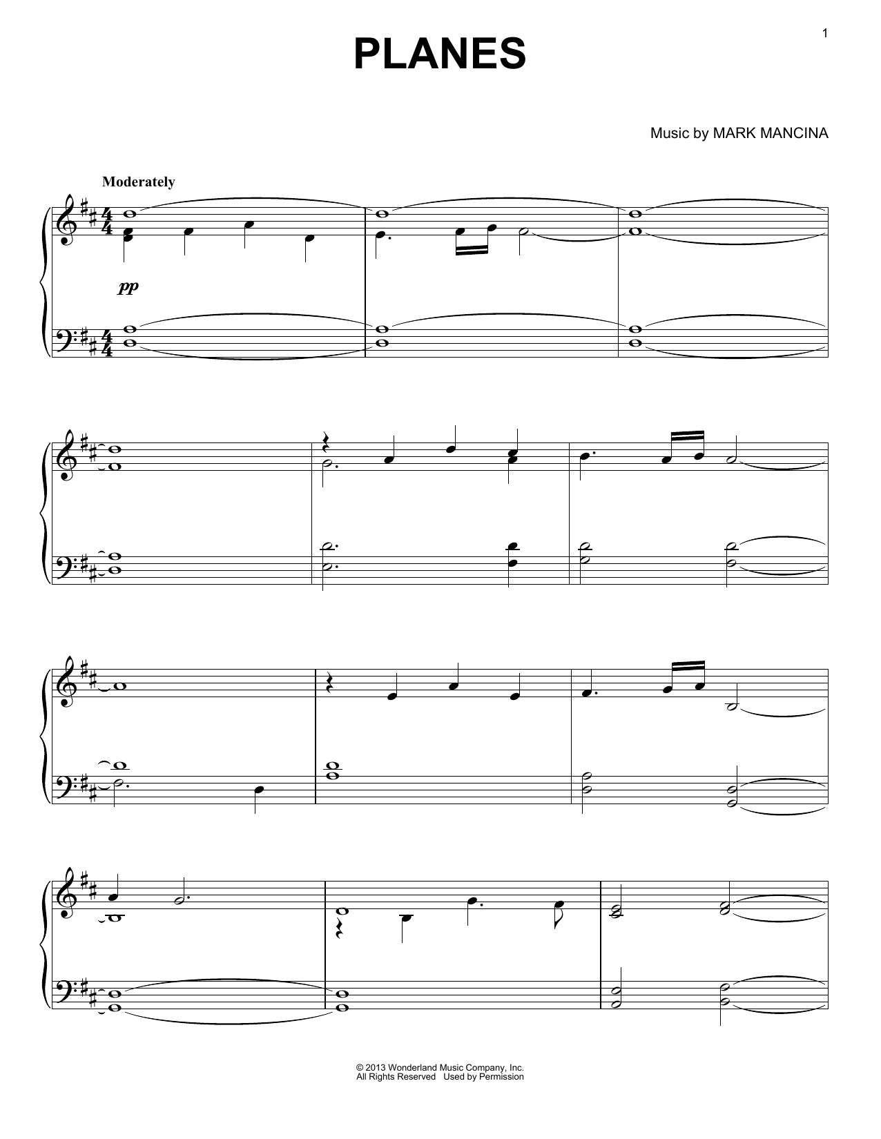 Mark Mancina Planes sheet music notes and chords arranged for Piano Solo