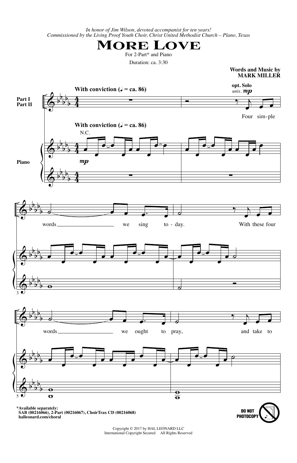 Mark Miller More Love sheet music notes and chords arranged for 2-Part Choir