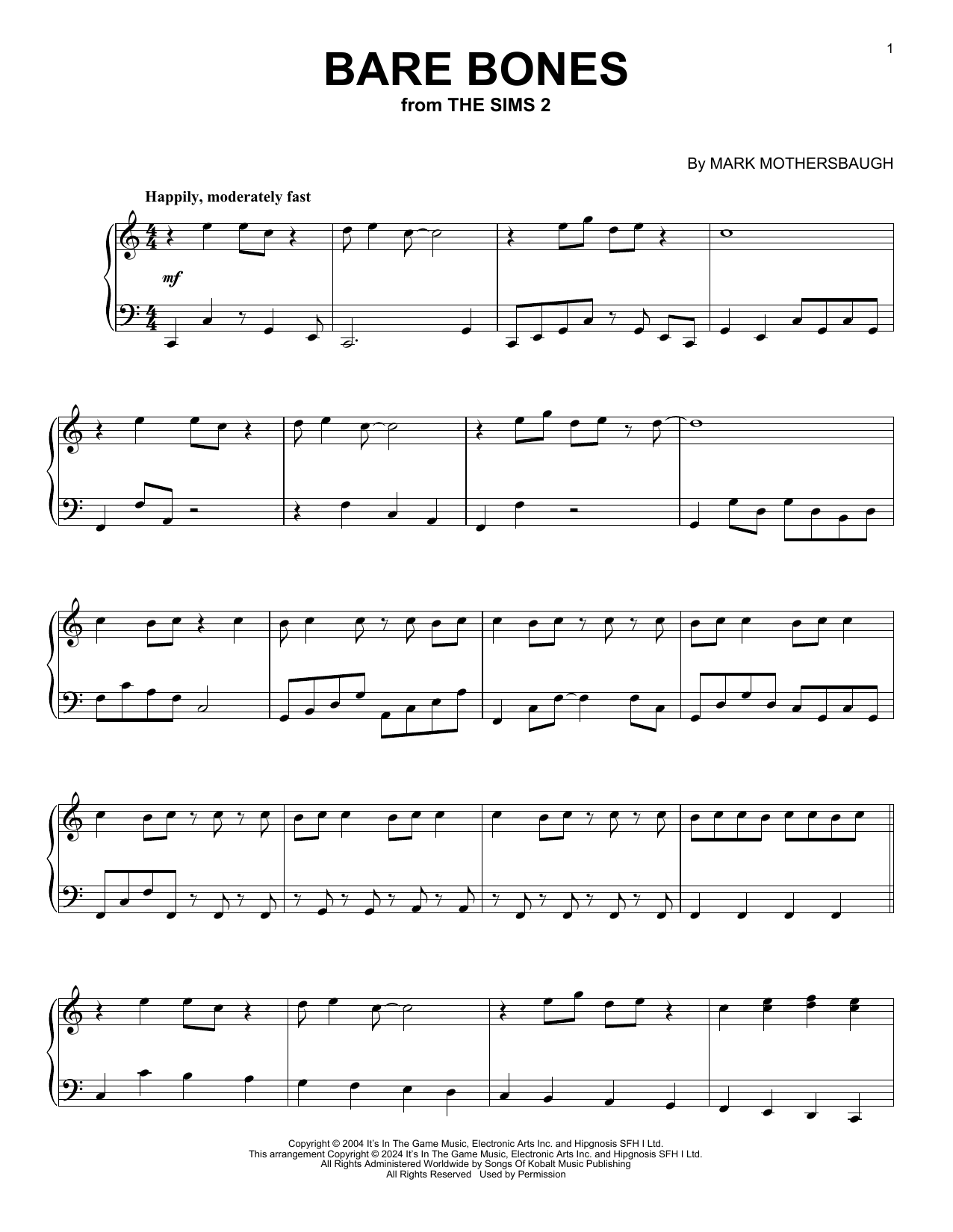 Mark Mothersbaugh Bare Bones (from The Sims 2) sheet music notes and chords arranged for Piano Solo