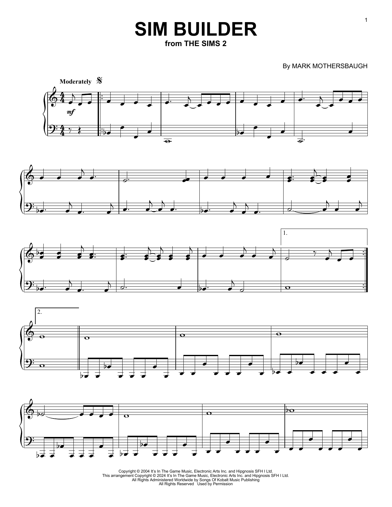 Mark Mothersbaugh Sim Builder (from The Sims 2) sheet music notes and chords arranged for Piano Solo