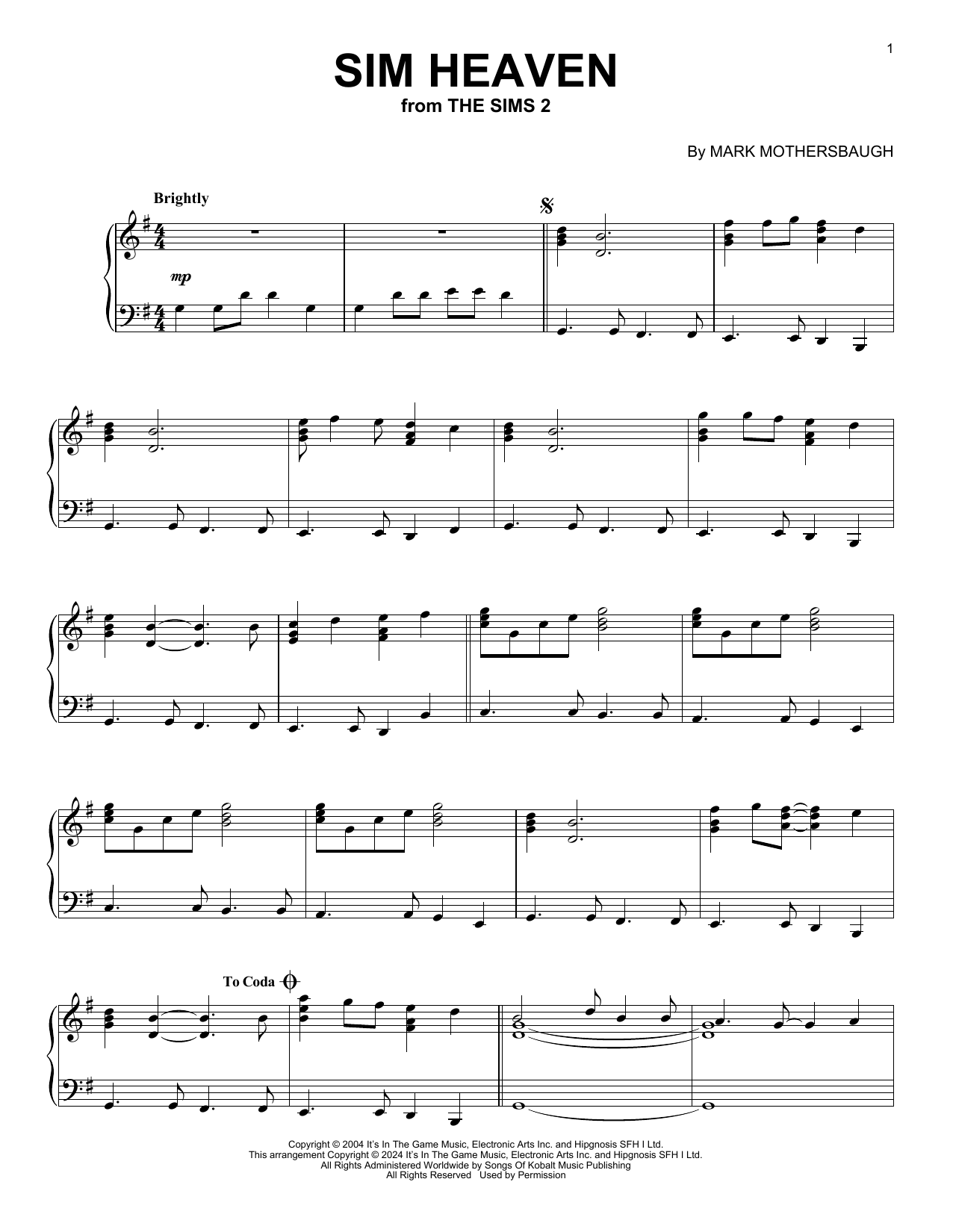 Mark Mothersbaugh Sim Heaven (from The Sims 2) sheet music notes and chords arranged for Piano Solo