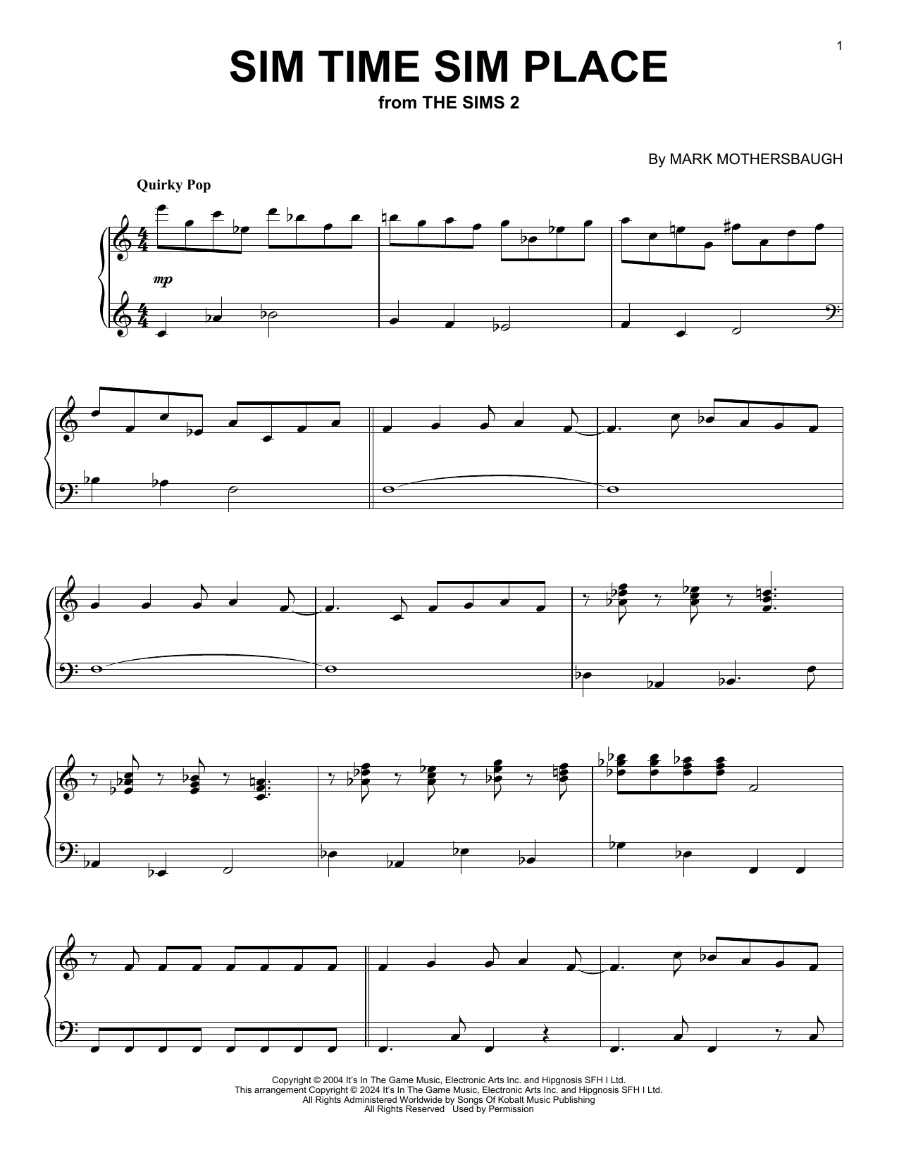 Mark Mothersbaugh Sim Time Sim Place (from The Sims 2) sheet music notes and chords arranged for Piano Solo