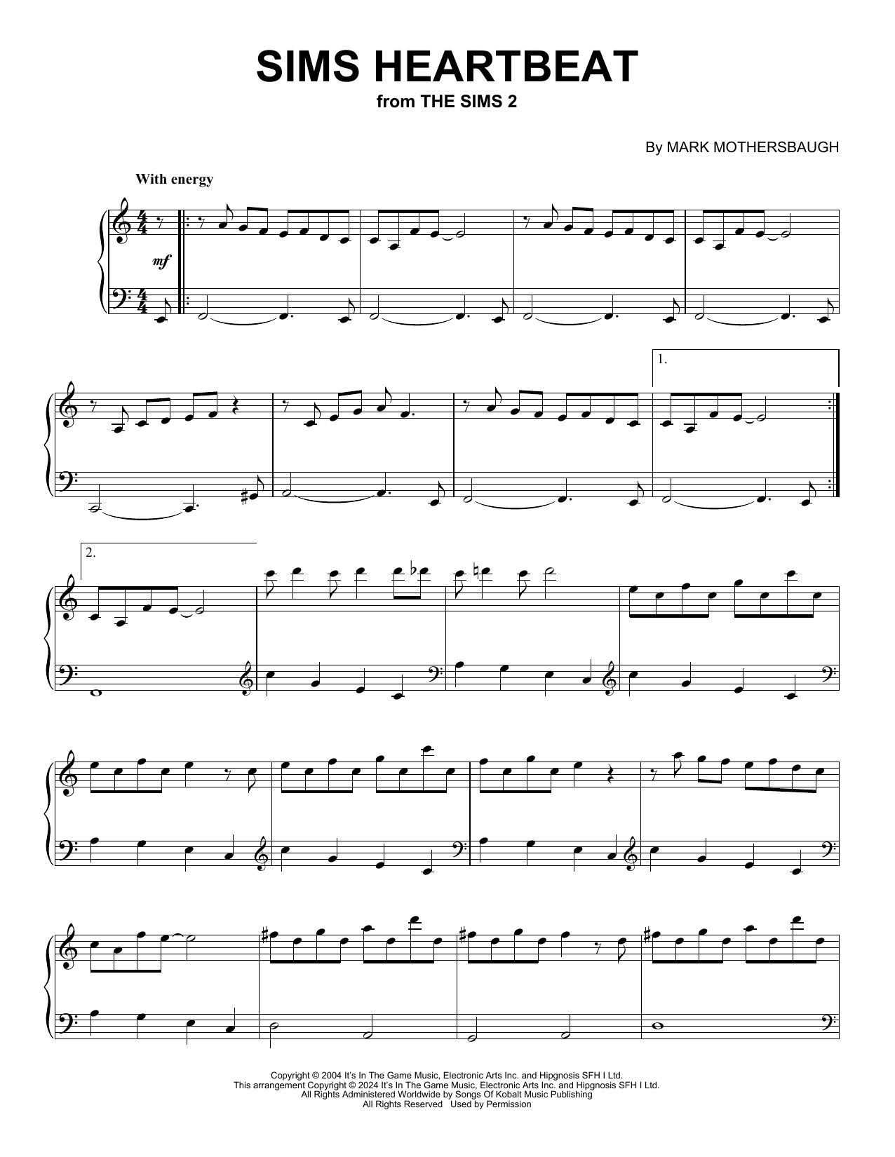 Mark Mothersbaugh Sims Heartbeat (from The Sims 2) sheet music notes and chords arranged for Piano Solo