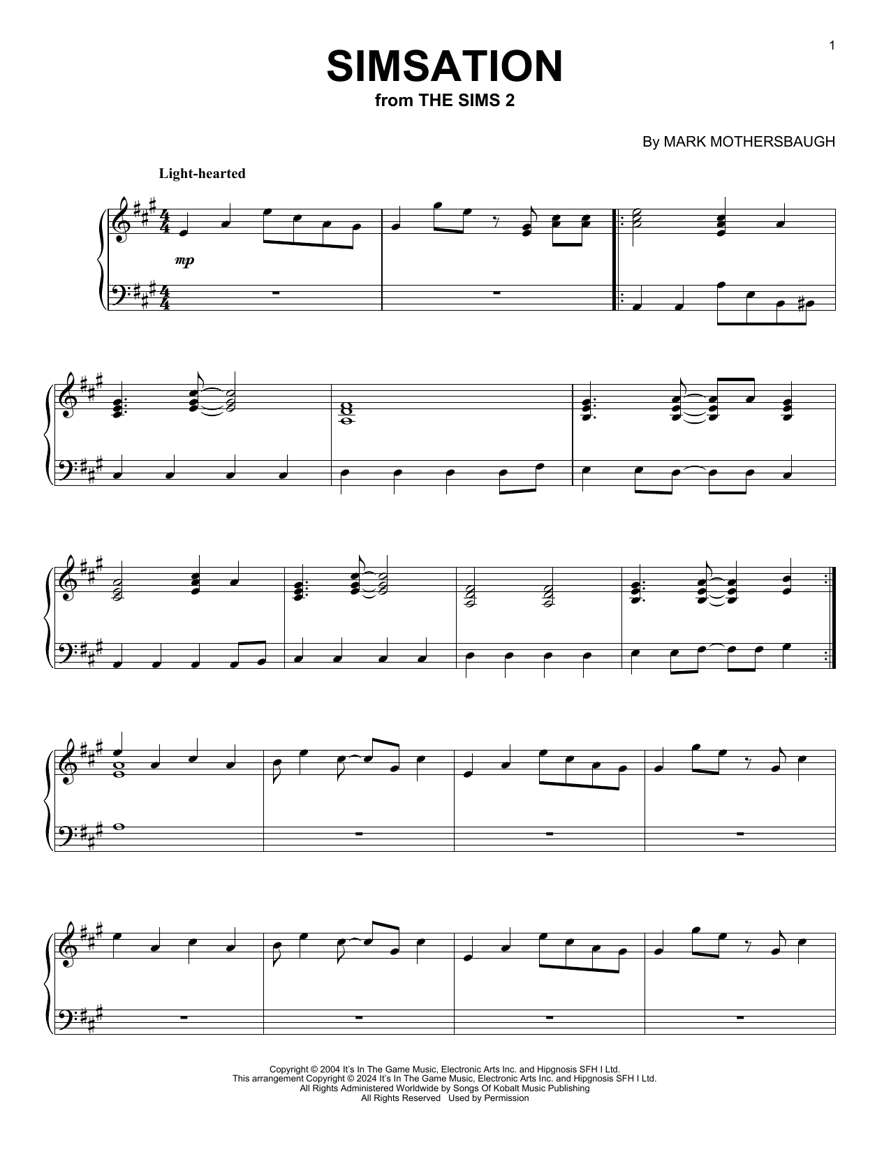 Mark Mothersbaugh Simsation (from The Sims 2) sheet music notes and chords arranged for Piano Solo