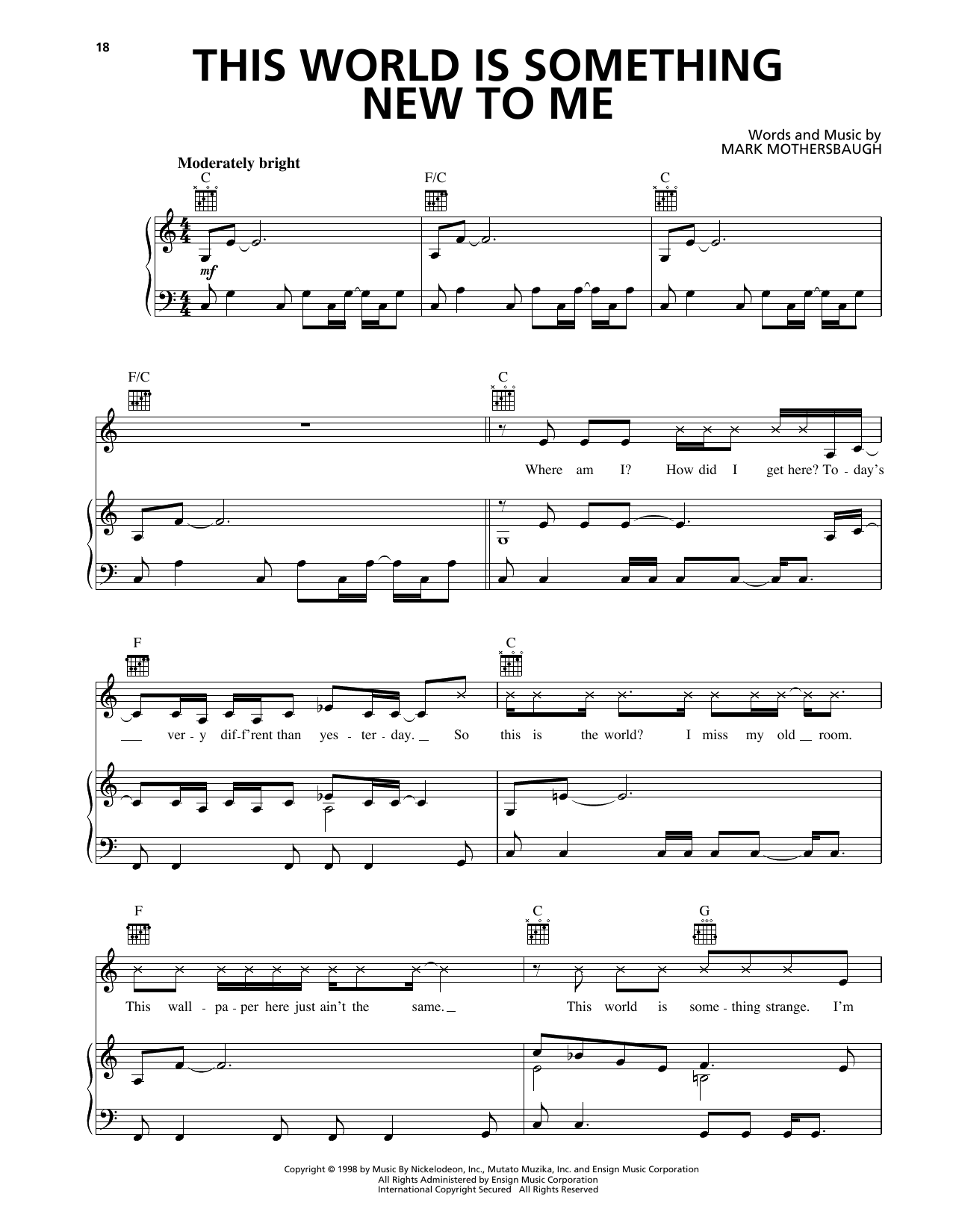 Mark Mothersbaugh This World Is Something New To Me (from The Rugrats Movie) sheet music notes and chords arranged for Piano, Vocal & Guitar Chords (Right-Hand Melody)