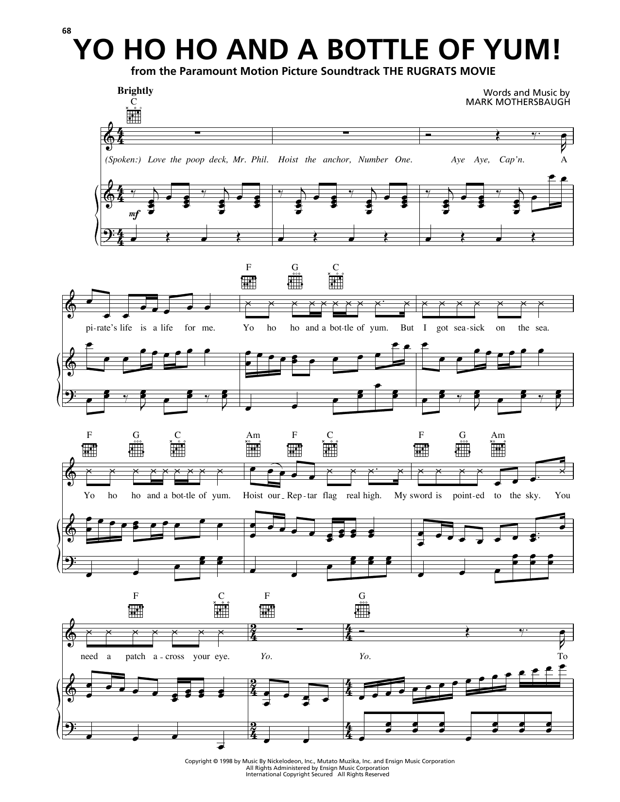 Mark Mothersbaugh Yo Ho Ho And A Bottle Of Yum! (from The Rugrats Movie) sheet music notes and chords arranged for Piano, Vocal & Guitar Chords (Right-Hand Melody)