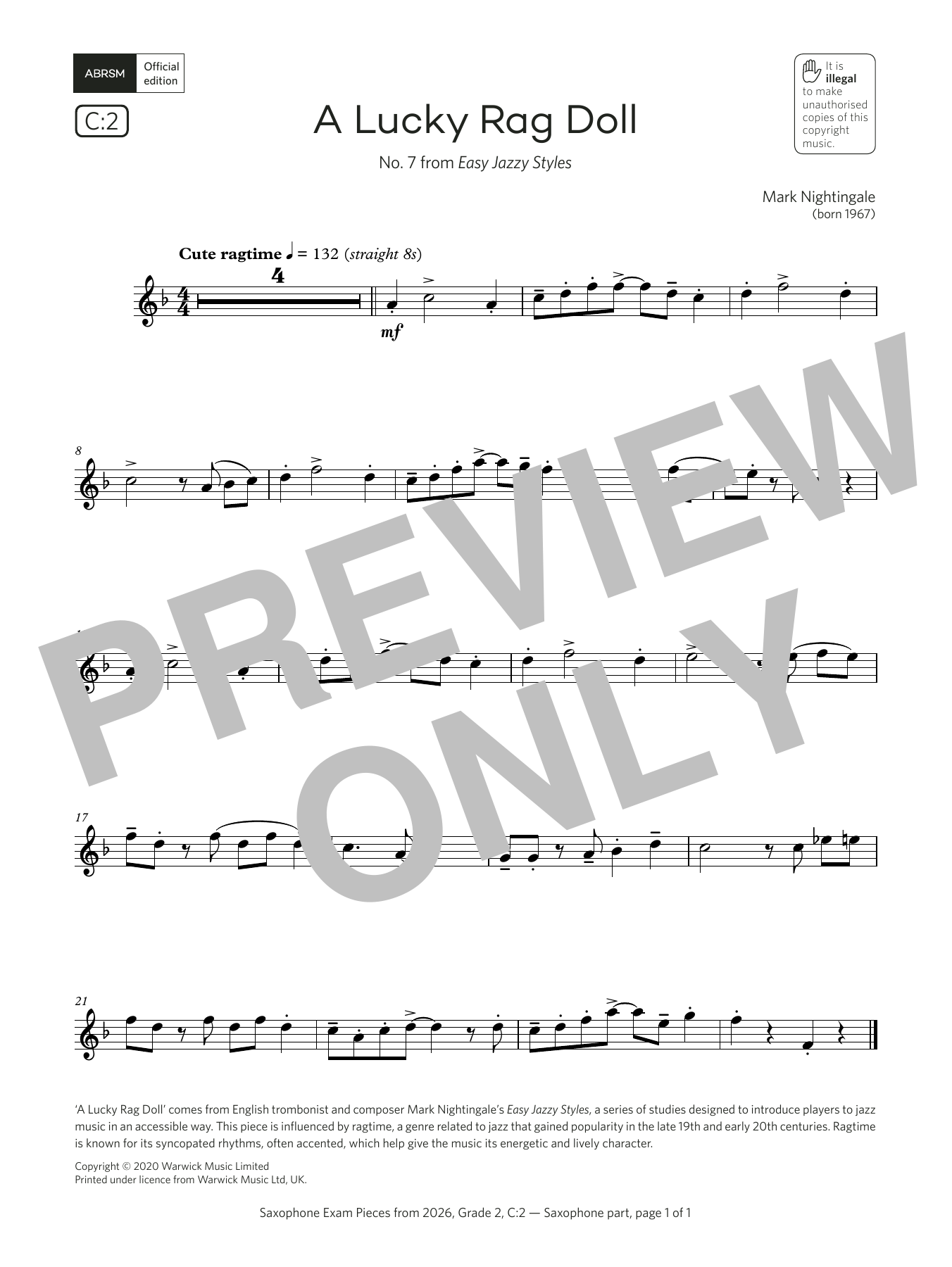 Mark Nightingale A Lucky Rag Doll (Grade 2, list C2, from the ABRSM Saxophone Syllabus from 2026) sheet music notes and chords arranged for Alto Sax Solo