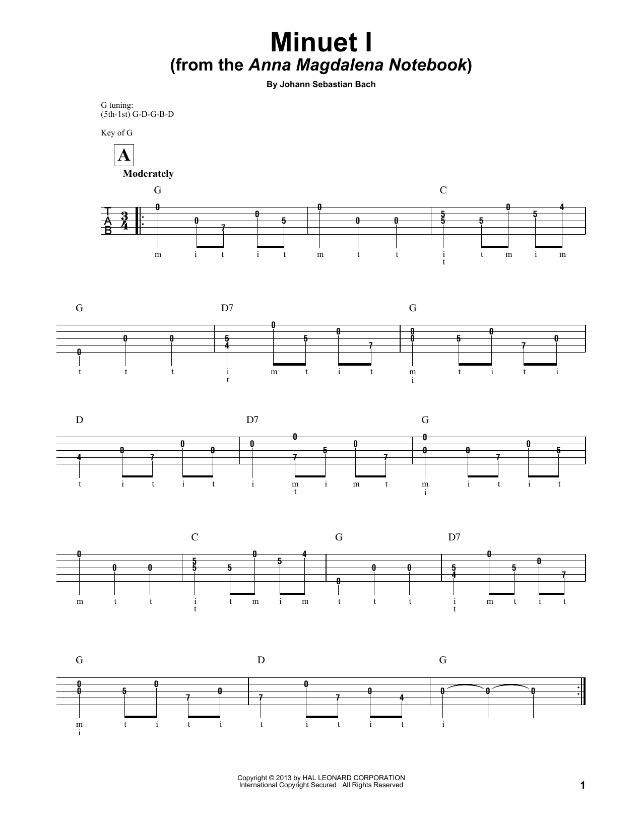 Mark Phillips Minuet I (Anna Magdalena) sheet music notes and chords arranged for Banjo Tab