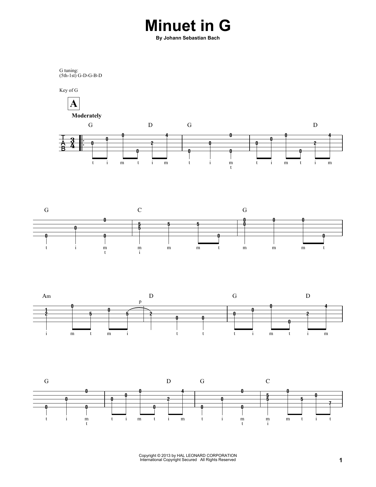 Mark Phillips Minuet In G sheet music notes and chords arranged for Banjo Tab