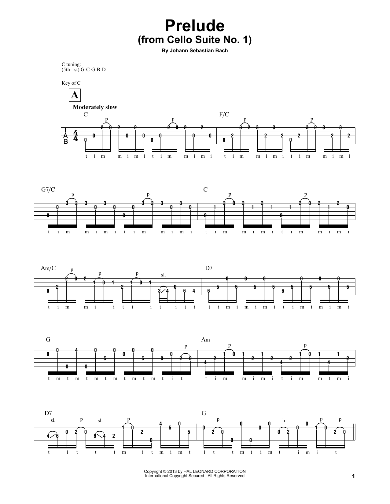 Mark Phillips Prelude (Cello Suite No. 1) sheet music notes and chords arranged for Banjo Tab
