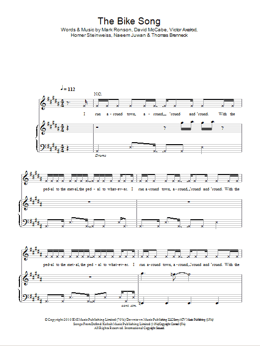 Mark Ronson & The Business Intl. The Bike Song sheet music notes and chords arranged for Piano, Vocal & Guitar Chords