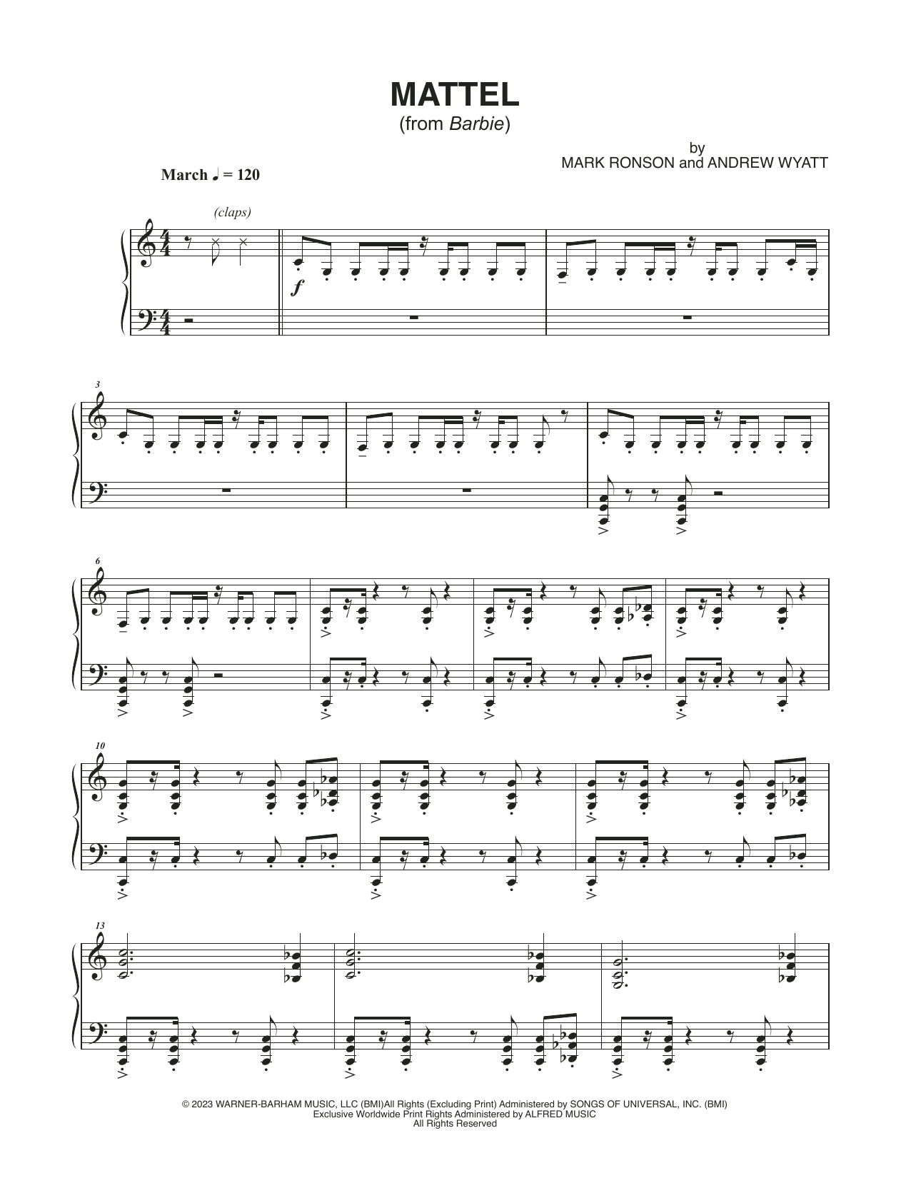 Mark Ronson and Andrew Wyatt Mattel (from Barbie) sheet music notes and chords arranged for Piano Solo