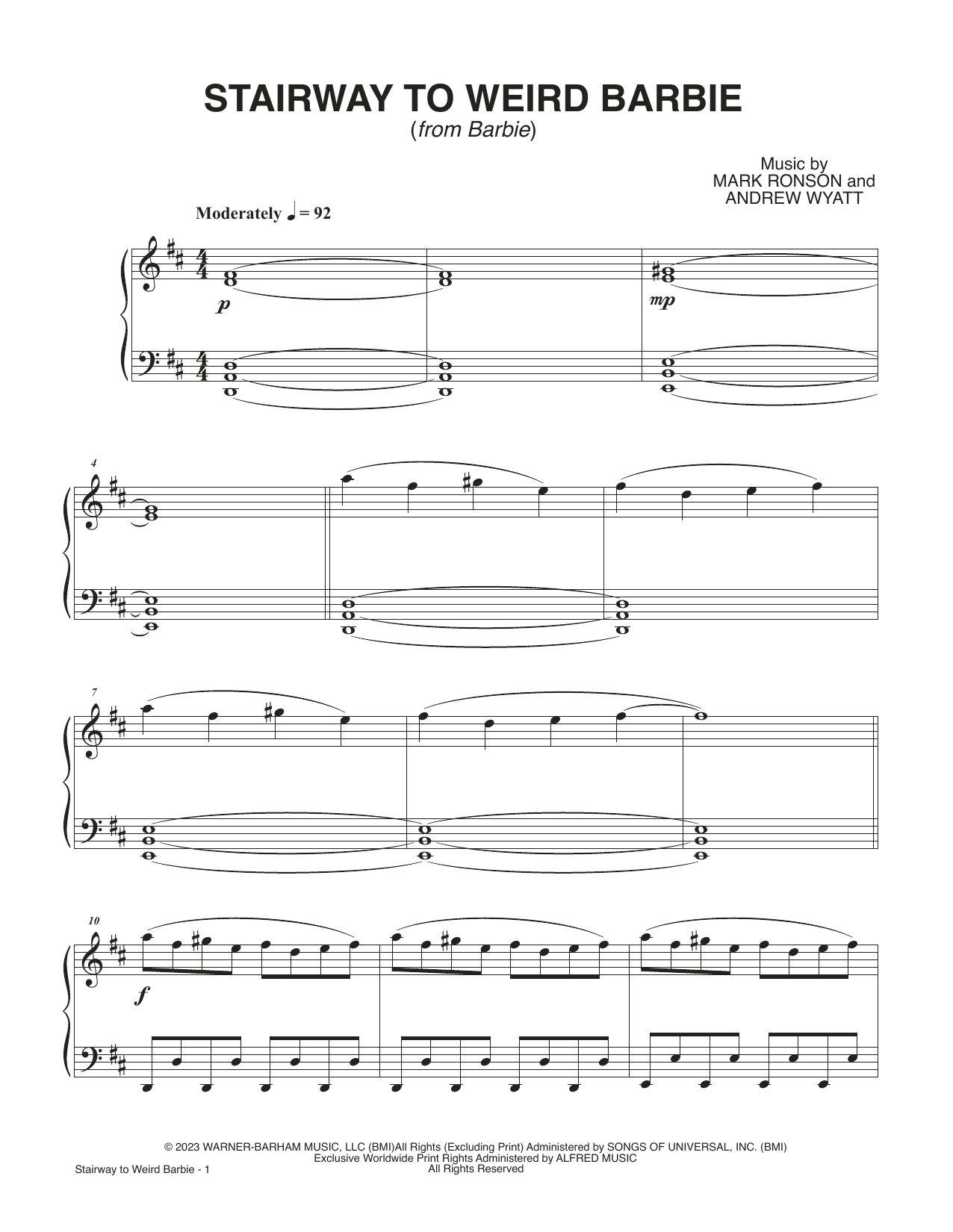 Mark Ronson and Andrew Wyatt Stairway To Weird Barbie (from Barbie) sheet music notes and chords arranged for Piano Solo