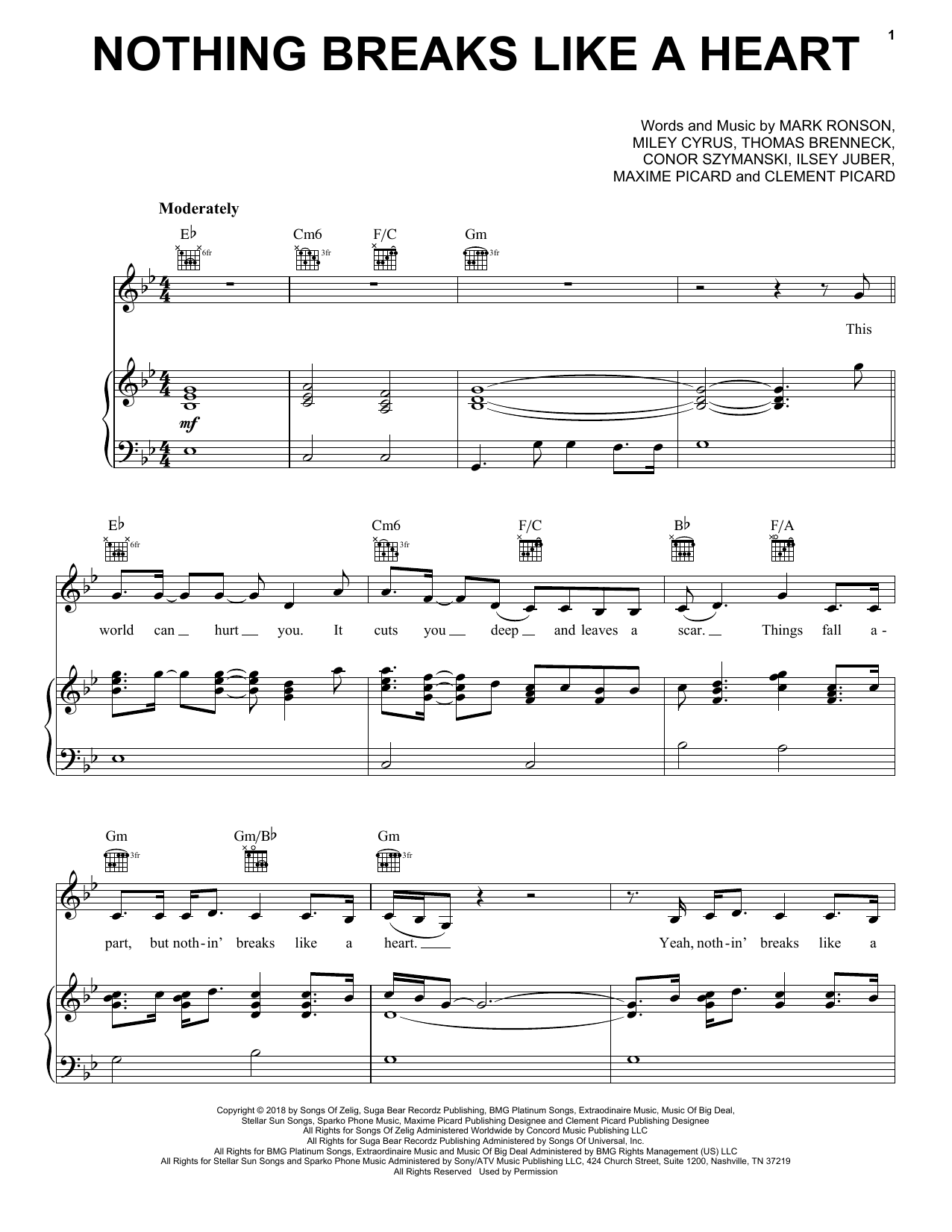 Mark Ronson Nothing Breaks Like A Heart (feat. Miley Cyrus) sheet music notes and chords arranged for Easy Piano