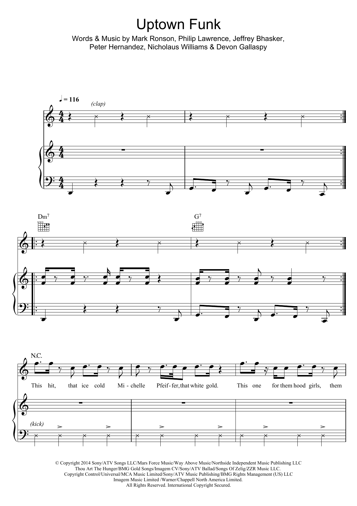 Mark Ronson Uptown Funk (feat. Bruno Mars) sheet music notes and chords arranged for Piano, Vocal & Guitar Chords (Right-Hand Melody)