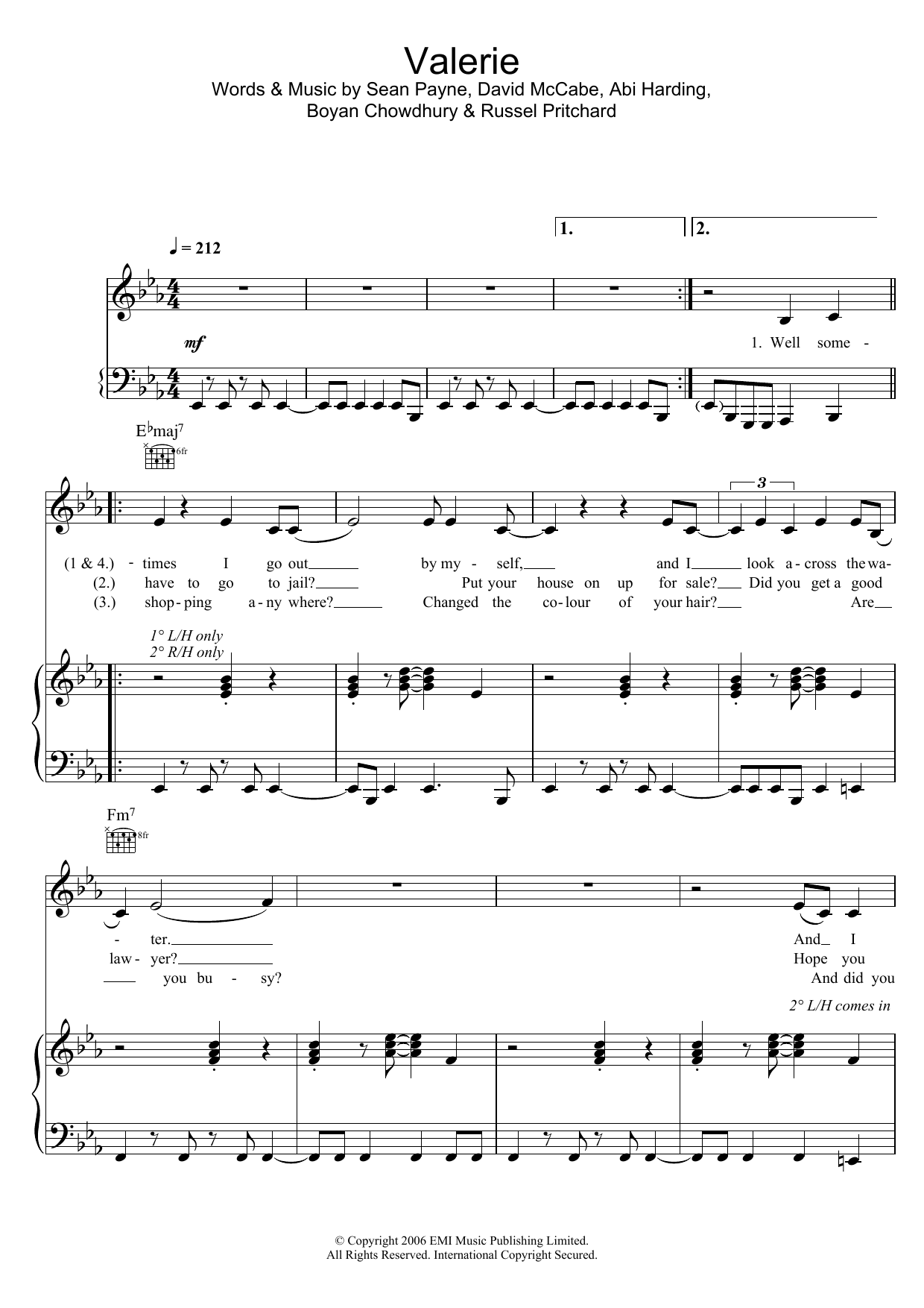 Mark Ronson Valerie (feat. Amy Winehouse) sheet music notes and chords arranged for Piano, Vocal & Guitar Chords