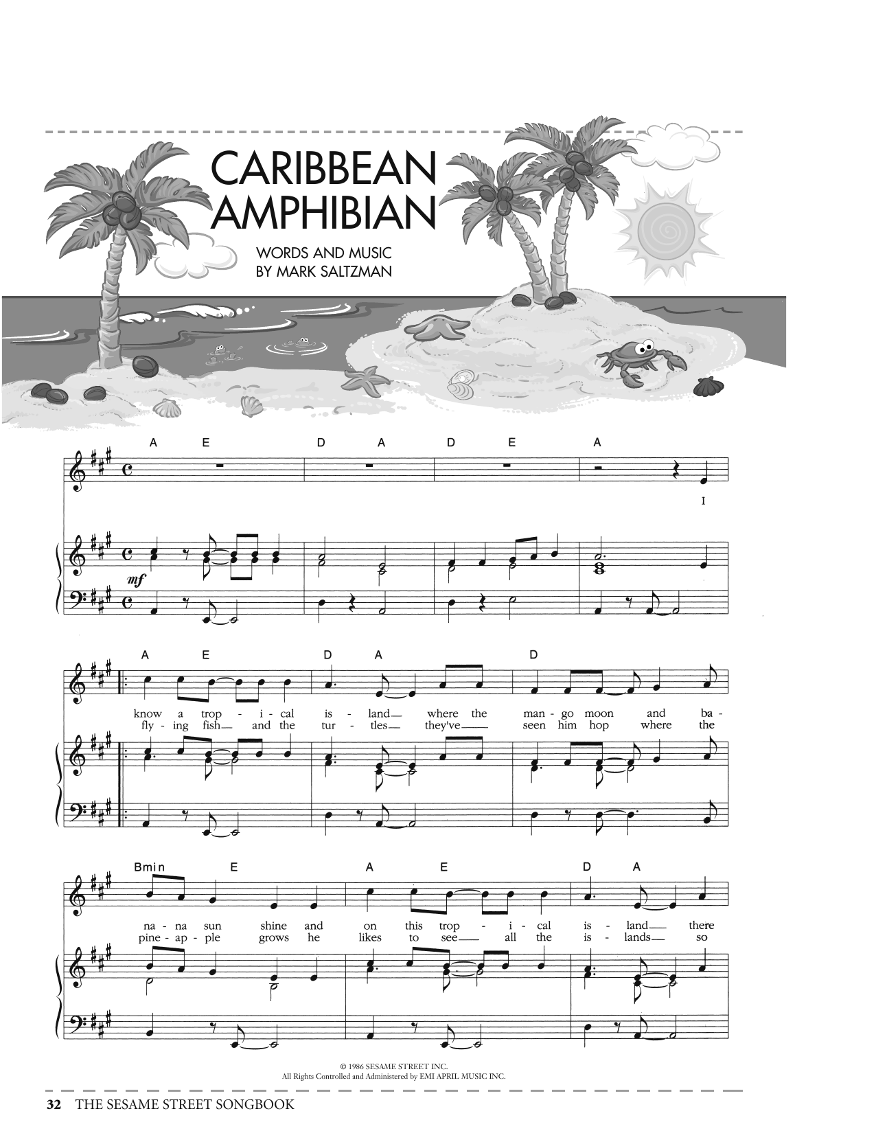 Mark Saltzman Caribbean Amphibian (from Sesame Street) sheet music notes and chords arranged for Piano, Vocal & Guitar Chords (Right-Hand Melody)
