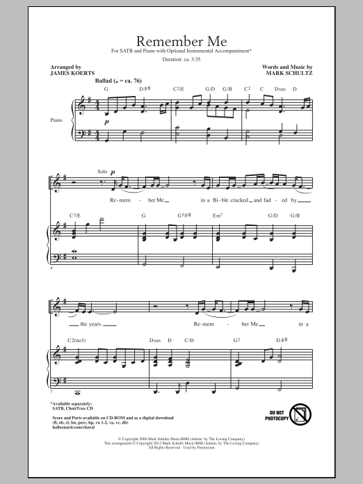 Mark Schultz Remember Me sheet music notes and chords arranged for SATB Choir