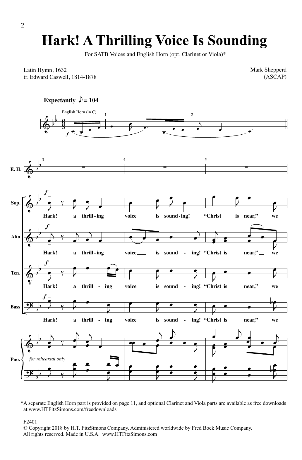 Mark Shepperd Hark! A Thrilling Voice Is Sounding sheet music notes and chords arranged for SATB Choir