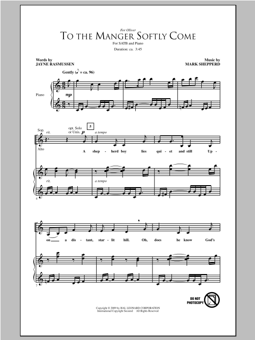 Mark Shepperd To The Manger Softly Come sheet music notes and chords arranged for SATB Choir