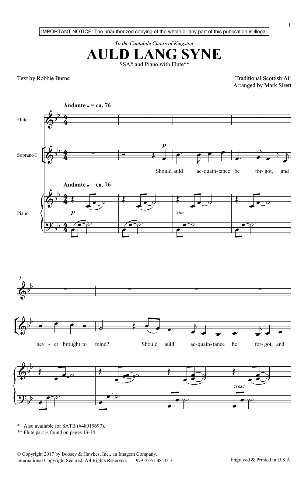 Mark Sirett Auld Lang Syne sheet music notes and chords arranged for SSA Choir