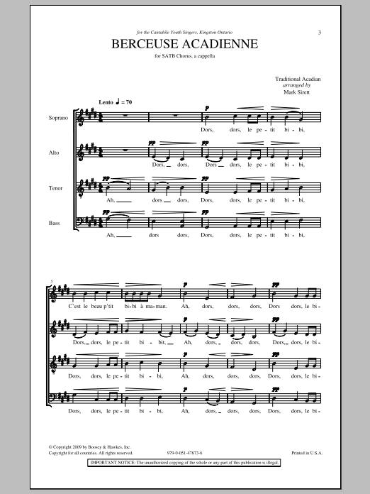 Mark Sirett Berceuse Acadienne sheet music notes and chords arranged for SATB Choir