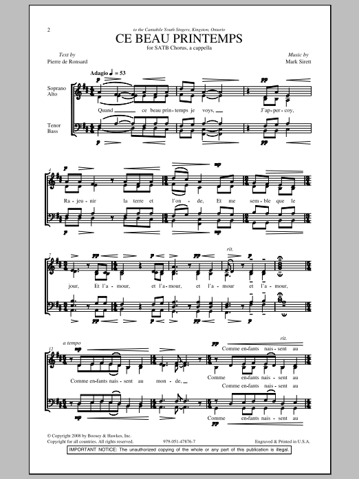 Mark Sirett Ce Beau Printemps sheet music notes and chords arranged for SATB Choir