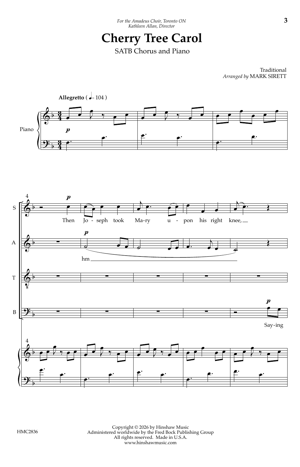 Mark Sirett Cherry Tree Carol sheet music notes and chords arranged for SATB Choir