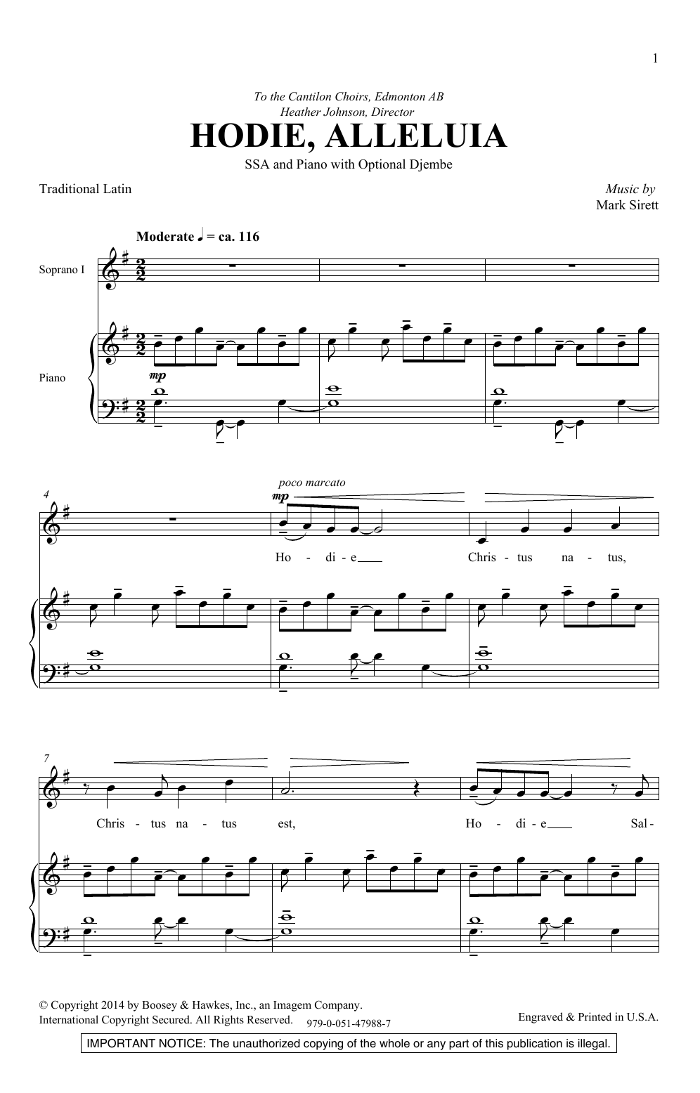 Mark Sirett Hodie Alleluia sheet music notes and chords arranged for SSA Choir