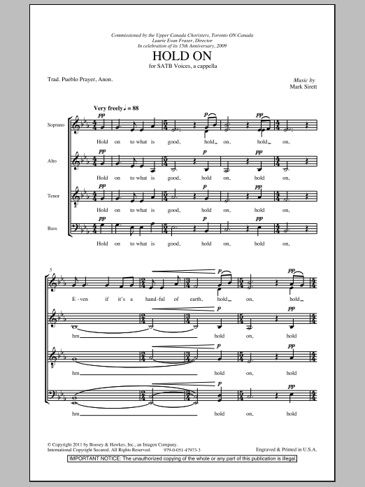 Mark Sirett Hold On sheet music notes and chords arranged for SATB Choir