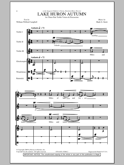 Mark Sirett Lake Huron Autumn sheet music notes and chords arranged for 3-Part Treble Choir
