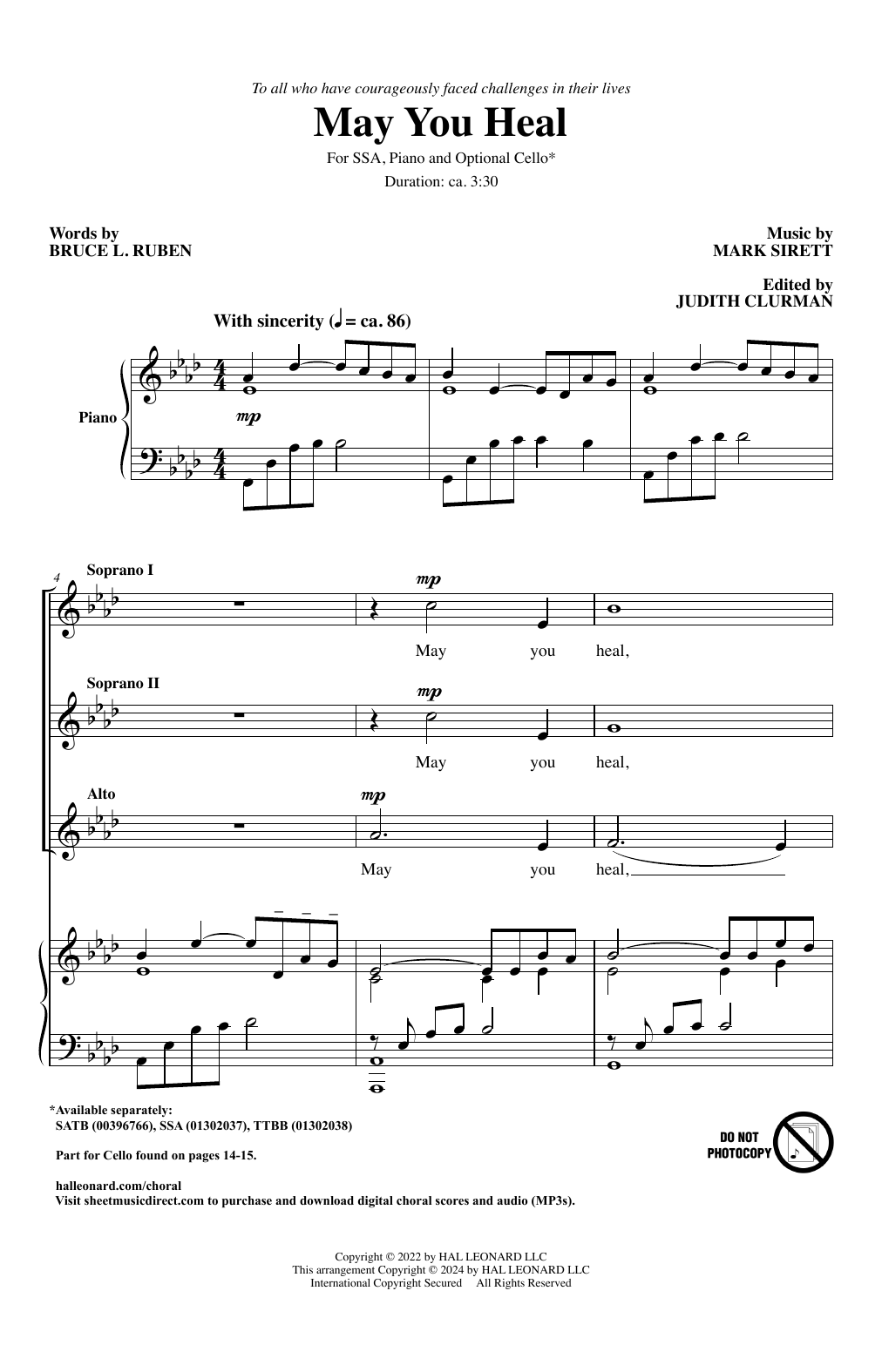 Mark Sirett May You Heal sheet music notes and chords arranged for SSA Choir