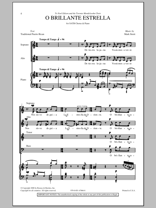 Mark Sirett O Brillante Estrella sheet music notes and chords arranged for SATB Choir