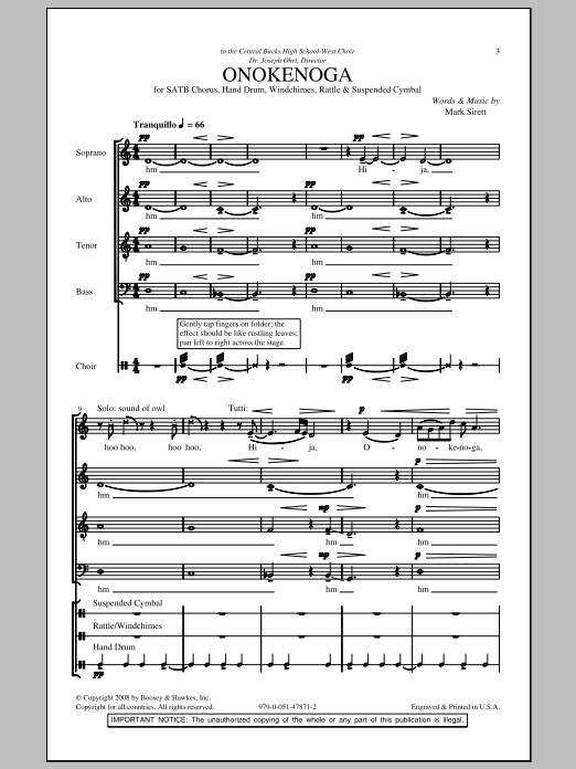Mark Sirett Onokenoga sheet music notes and chords arranged for SATB Choir
