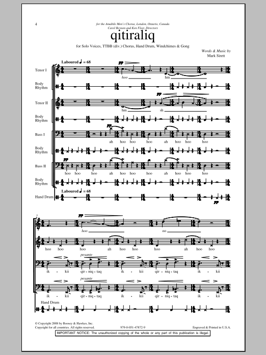 Mark Sirett Qitiraliq (Midnight) sheet music notes and chords arranged for TTBB Choir