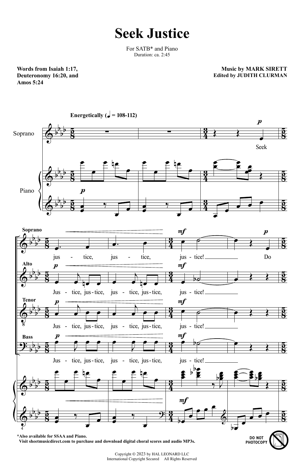 Mark Sirett Seek Justice sheet music notes and chords arranged for SSAA Choir