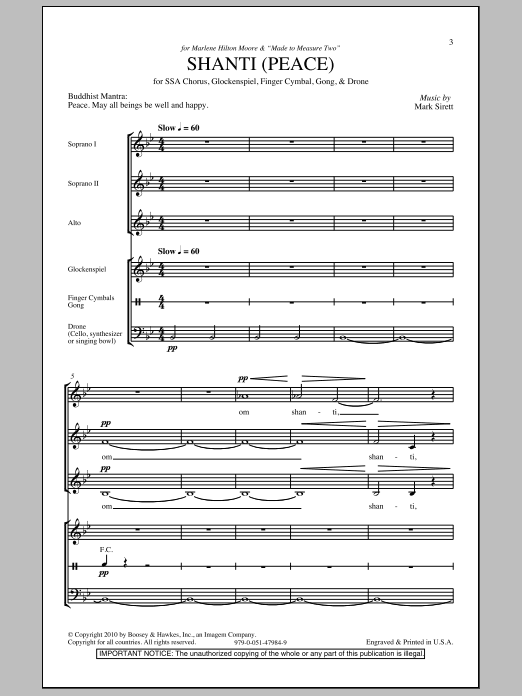 Mark Sirett Shanti (Peace) sheet music notes and chords arranged for SSA Choir