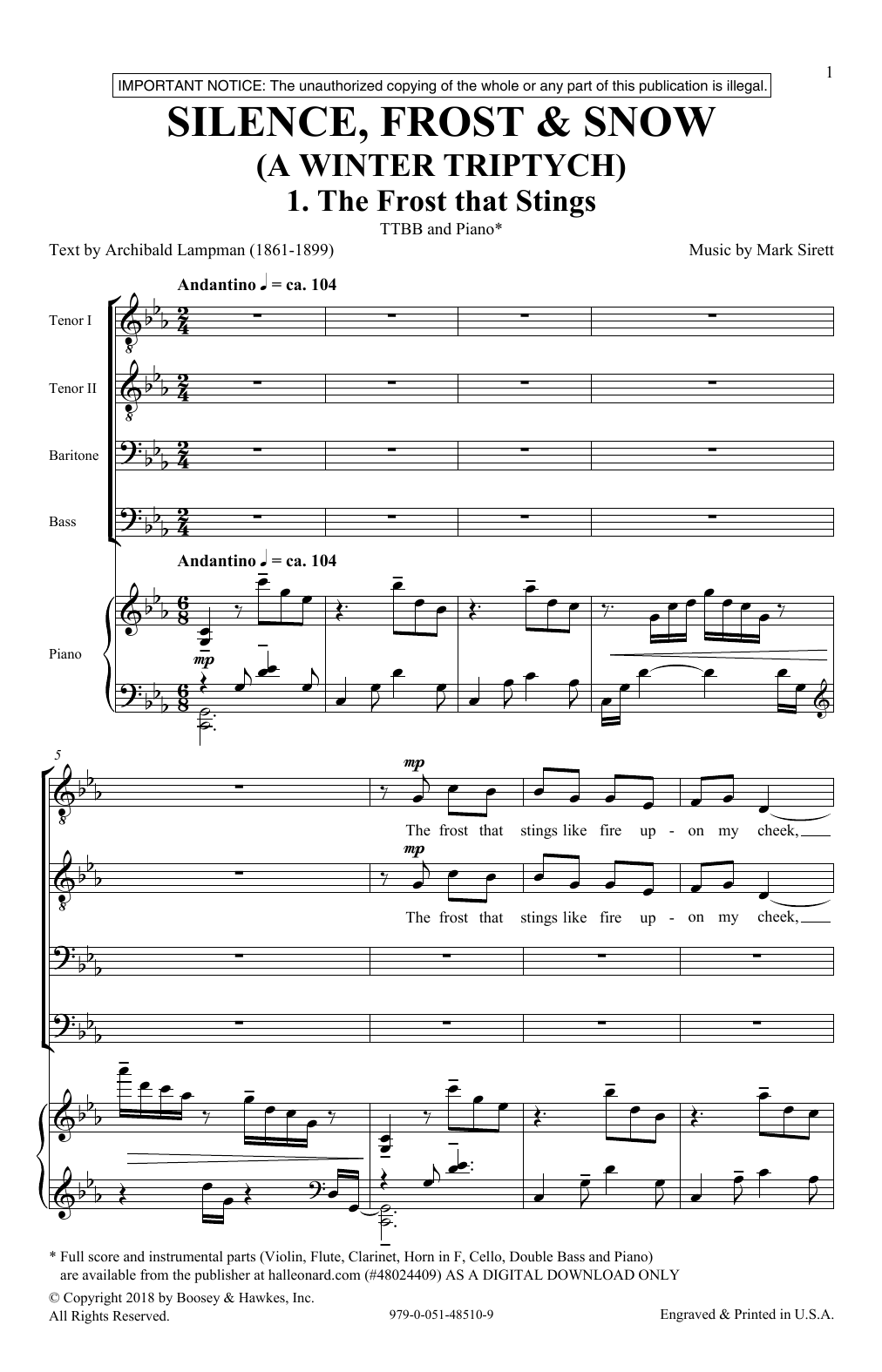 Mark Sirett Silence, Frost & Beauty (A Winter Triptych) sheet music notes and chords arranged for TTBB Choir