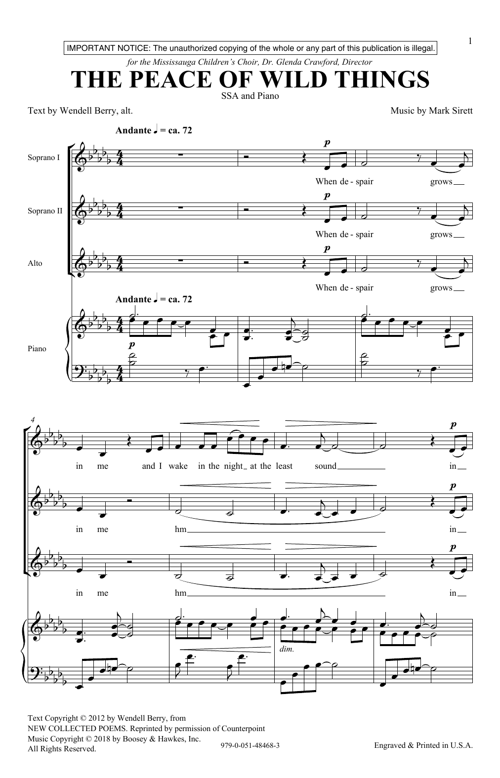 Mark Sirett The Peace Of Wild Things sheet music notes and chords arranged for SSA Choir