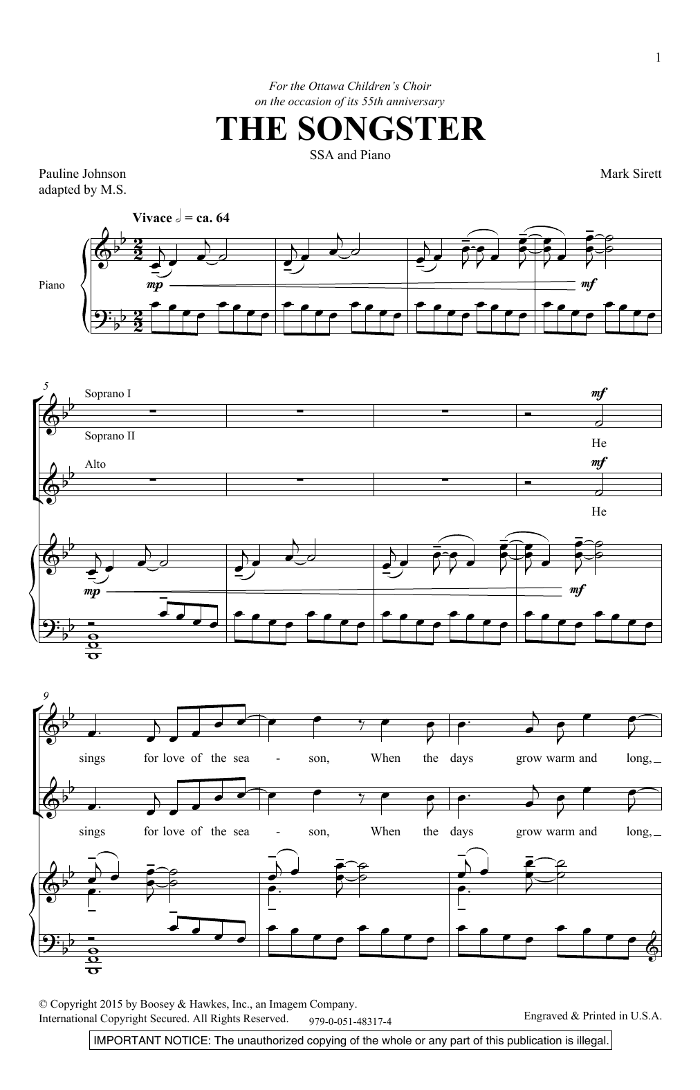 Mark Sirett The Songster sheet music notes and chords arranged for SSA Choir
