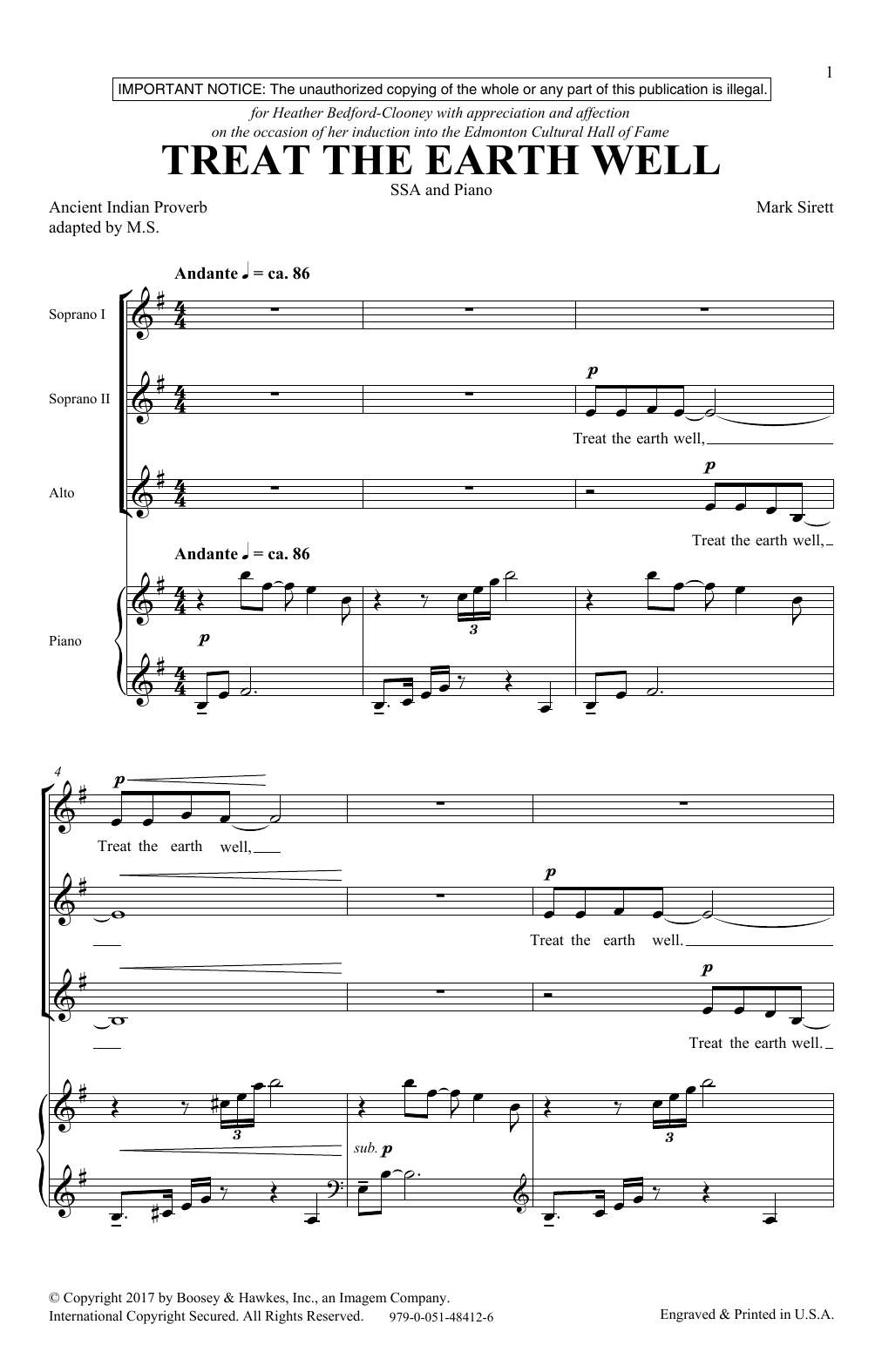 Mark Sirett Treat The Earth Well sheet music notes and chords arranged for SSA Choir