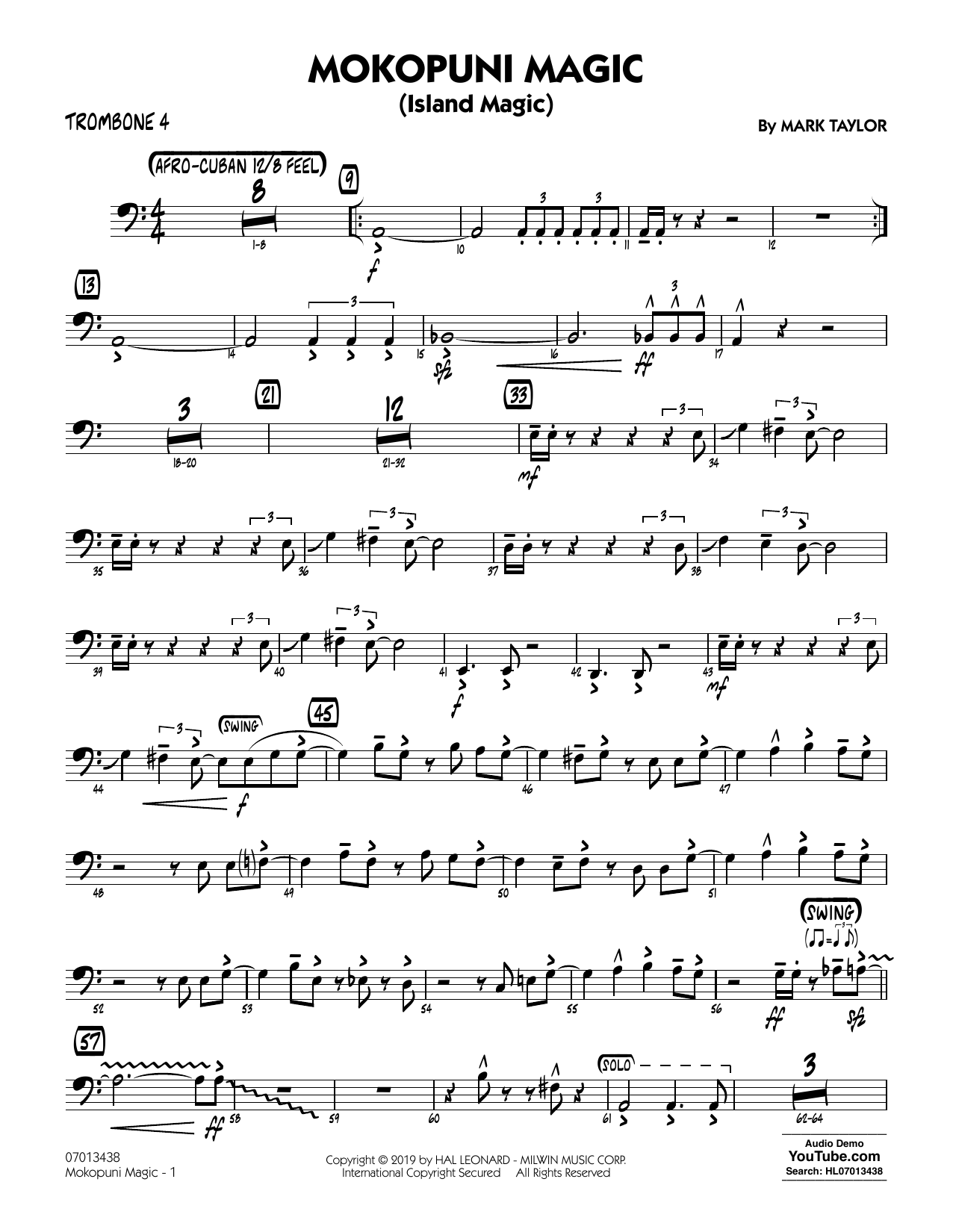 Mark Taylor Mokopuni Magic (Island Magic) - Trombone 4 sheet music notes and chords arranged for Jazz Ensemble