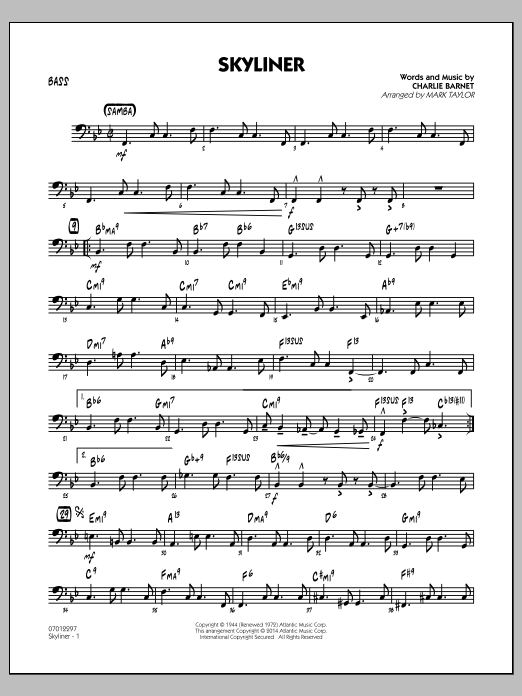 Mark Taylor Skyliner - Bass sheet music notes and chords arranged for Jazz Ensemble