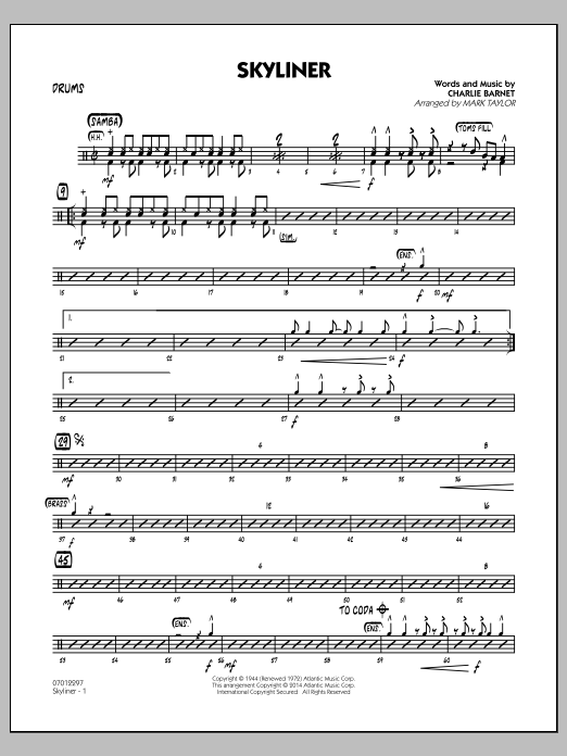 Mark Taylor Skyliner - Drums sheet music notes and chords arranged for Jazz Ensemble