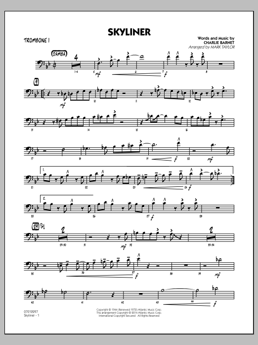Mark Taylor Skyliner - Trombone 1 sheet music notes and chords arranged for Jazz Ensemble