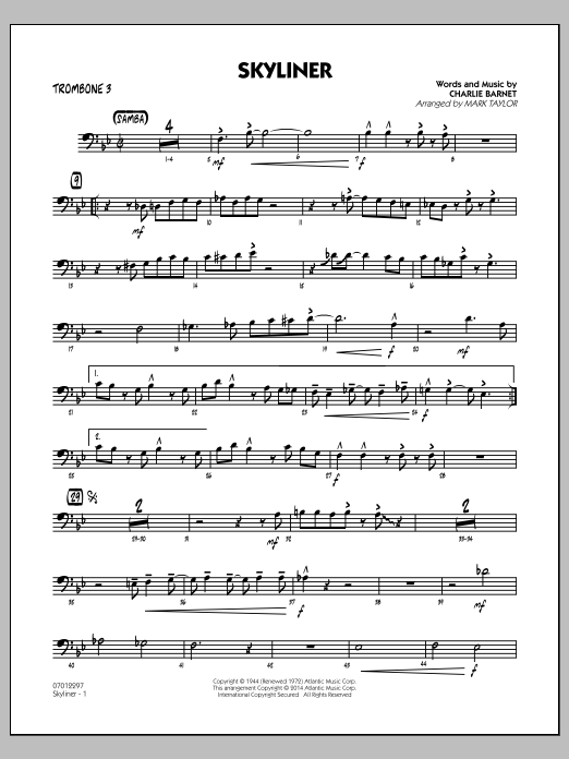 Mark Taylor Skyliner - Trombone 3 sheet music notes and chords arranged for Jazz Ensemble