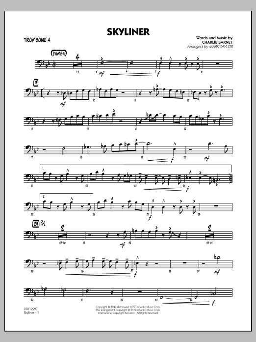 Mark Taylor Skyliner - Trombone 4 sheet music notes and chords arranged for Jazz Ensemble