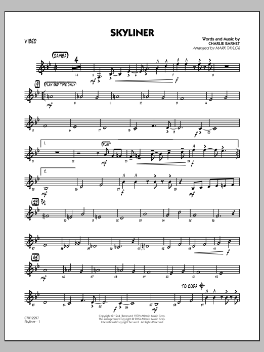 Mark Taylor Skyliner - Vibes sheet music notes and chords arranged for Jazz Ensemble