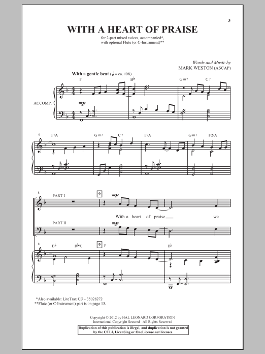 Mark Weston With A Heart Of Praise sheet music notes and chords arranged for 2-Part Choir